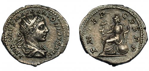 225   -  HELIOGÁBALO. Antoniniano. Roma (218). R/ Roma sentada a izq. con Victoria, lanza y escudo; P M TR P COS P P. VE 4,30 g. 23,214 mm. RIC-1e. MBC.