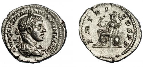 226   -  HELIOGÁBALO. Denario. Roma (218-222). R/ Roma sentada a izq. con victoria y cetro; P M TR P COS P P. AR 2,90 g. 20,4 mm. RIC-3b. EBC.