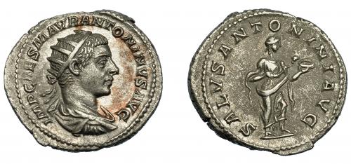 230   -  HELIOGÁBALO. Antoniniano. Roma (218-222). R/ Salus a der. alimentando serpiente en sus brazos; SALVS ANTONINI AVG. VE 4,95 g. 22,7 mm. RIC-138f. EBC/MBC+.