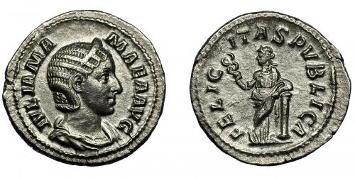239   -  JULIA MAMEA. Denario. Roma (225-235). R/ Felicitas con caduceo apoyada en columna; FELICITAS PVBLICA. AR 2,76 g. 20,2 mm. RIC-335. EBC-.