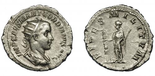 244   -  GORDIANO III. Antoniniano. Roma (238-239). R/ Fides con cetro y estandarte; FIDES MILITVM. AR 3,64 g. 23,3 mm. RIC-1. MBC.