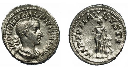 246   -  GORDIANO III. Denario. Roma (241-243). R/ Hércules a der. apoyado en su clava con leonté; VIRTVTI AVGVSTI. AR 3,48 g. 20,9 mm. RIC-116. MBC+.