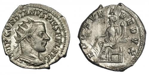 247   -  GORDIANO III. Antoniniano. Roma (243-244). R/ Fortuna sentada a izq. con timón y cornucopia; FORTVNA REDVX. VE 4,04 g. 22,5 mm. RIC-143 vte. MBC+/MBC-.