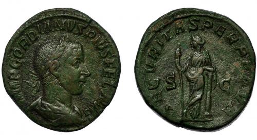 250   -  GORDIANO III. Sestercio. Roma (244). R/ Securitas apoyada en columna y con cetro; SECVRITAS PERPETVS, S-C. AE 19,58 g. 29,2 mm. RIC-336. Pátina verde. MBC.