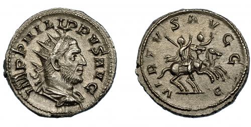 252   -  FILIPO I. Antoniniano. Roma (248). R/ Filipo y Filipo II a caballo a der.; VIRTVS AVGG. VE 4,78 g. 21,9 mm. RIC-10. EBC-/EBC.