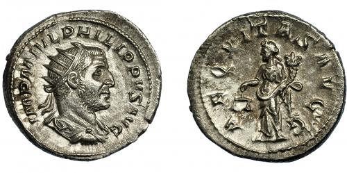 255   -  FILIPO I. Antoniniano. Roma (244-249). R/ Aequitas a izq. con balanza y cornucopia; AEQVITAS AVGG. VE 4,12 g. 23 mm. RIC-240. EBC-/MBC+.