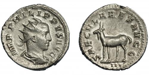 257   -  FILIPO II. Antoniniano. Roma (248). R/ Cabra a izq.; SAECVLARES AVGG, en exergo III. AR 3,87 g. 21,8 mm. RIC-224. MBC-/MBC+.