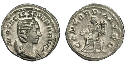 259   -  OTACILIA SEVERA. Antoniniano. Roma (246-248). R/ Concordia sentada a der. con pátera y cornucopia; CONCORDIA AVGG. AR 3,83 g. 22,3 mm. RIC-126. EBC-.