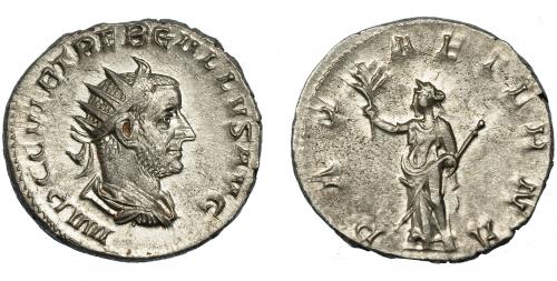 266   -  TREBONIANO GALO. Antoniniano. Mediolanum (251-253). R/ Pax a izq. con rama y cetro; PAX AETERNA. AR 4,27 g. 21,4 mm. RIC-71. EBC-.