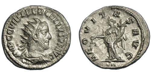 267   -  TREBONIANO GALO. Antoniniano. Antioquía (251-253). R/ Aequitas a izq. con balanza y cornucopia; AEQVITAS AVG. AR 4,63 g. 21,7 mm. RIC-80. EBC.