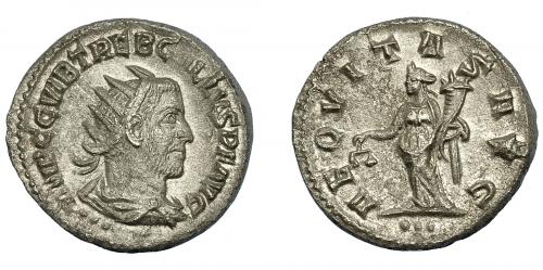 268   -  TREBONIANO GALO. Antoniniano. Antioquía (251-253). R/ Aequitas a izq. con balanza y cornucopia; AEQVITAS AVG. AR 4,39 g. 21,8 mm. RIC-80. EBC.