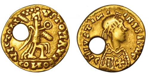 286   -  ACUÑACIONES PSEUDO-IMPERIALES. Tremissis. A nombre de Justiniano I. AU 1,15 g. 13,4 mm. Tomasini, grupo JAN 1. 