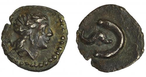 30 - Divisores ibéricos inciertos. Tetartemorion. A/ Cabeza de Apolo laureada a der. R/ Creciente y delfín. AR 0,15 g. CNH-7. ACIP-530. CC-1045, mismo ejemplar. MBC+. Rarísima.