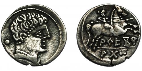 35 - AREKORATAS. Denario. A/ Peinado en dos filas rematado en glóbulos. R/ Ley. AREKoR/ATaS separada por línea. AR 3,21 g. 18,1 mm. CNH-no. I-102. ACIP-1766, vte. peinado. Limpiada. MBC. Rarísima.