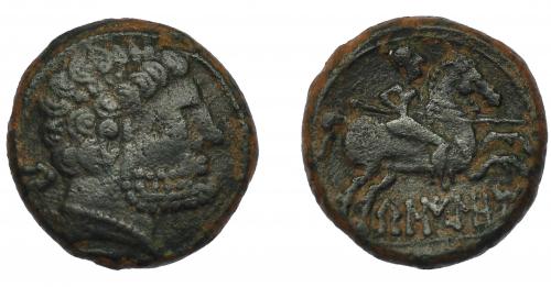 37 - BELIKIOM. Unidad. A/ Cabeza masculina barbada y con collar a der., detrás Be. R/ Jinete lancero a der., debajo sobre línea BeLIKiOM. AR 9,94 g. 23,1 mm. CNH-4. I-243. ACIP-1433. Pátina verde. MBC-/MBC.