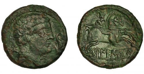 40 - BORNESKOM. Unidad. A/ Cabeza masculina a der., delante delfín, detrás Bo. R/ Jinete con lanza a der., debajo sobre línea BoRNESKoM. AE 11,20 g. 25,5 mm. CNH-3. I-292. ACIP-1586. Pátina verde. MBC-/MBC. Rarísima.