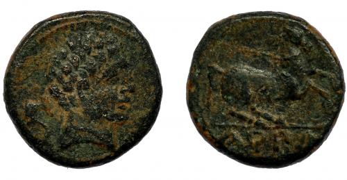 47 - KONTERBIA KARBIKA. Mitad. A/ Cabeza masculina a der., detrás delfín. R/ Caballo encabritado a der., exergo KaRBiKa. AE 4,19 g. 17,9 mm. CNH-8. I-854. ACIP-1831. Golpes en anv. y porosidades. Pátina verde. MBC-. Rara.
