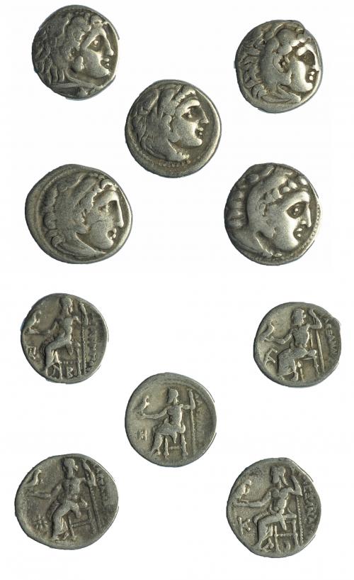90   -  Lote de 5 dracmas. Macedonia. Alejandro III (4), Filipo II (1).  BC+/MBC-.