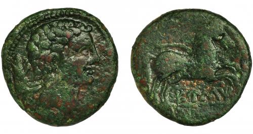 10 - EUSTI. Semis. A/ Cabeza masculina a der.; detrás jabalí. R/ Caballo galopando con rienda suelta a der.; debajo sobre línea EUSTi. AE 5,58 g. 20,7 mm. ACIP-1212. I-1300. Pátina verde. MBC-/BC+. Rara.