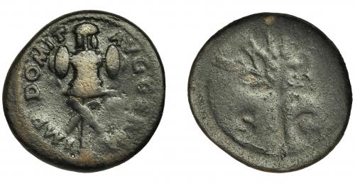 101 - DOMICIANO. Cuadrante. Roma (84-85). A/ Trofeo; IMP DOMIT AVG GERM. R/ Olivo; SC. AE 3,2 g. 19 mm. RIC-247. BC+/BC-.