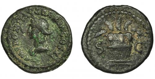 103 - DOMICIANO. Cuadrante. Roma (85). R/ Modio con espigas; SC. AE 3,0 g. 19 mm. RIC-276b. Pátina verde rugosa. BC+. Rara.