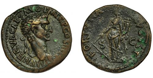 107 - NERVA. Dupondio. Roma (97 d.C.). R/ Fortuna a izq. con timón y cornucopia; FORTVNA AVGVST, SC. AE 13,65 g. 27 mm. RIC-84. MBC+/MBC-. Venta privada en La Lonja del Almidón. Conserva sobre original.