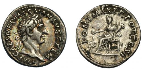 109 - TRAJANO. Denario. Roma (98-99 d.C.). R/ Concordia sentada a izq. con pátera y doble cornucopia, delante altar; PONT MAX TR POT COS II. AR 3,23 g. 17,5 mm. RIC-12. MBC.
