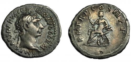 110   -  TRAJANO. Denario. Roma (100 d.C.). R/ Abundantia sentada a izq. con cetro y sobre dos cornucopias cruzadas; P M TR P COS III P P. AR 3,28 g. 19 mm. RIC-32. MBC-.