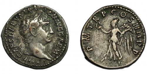 111 - TRAJANO. Denario. Roma (101-102 d.C.). R/ Victoria avanzando a izq. con corona y palma; PM TR P COS IIII PP. AR 3,46 g. 19,1 mm. RIC-60. MBC/MBC-.