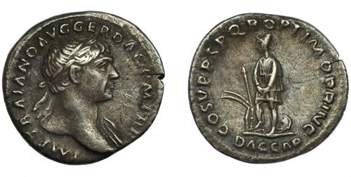 113 - TRAJANO. Denario. Roma (103-111 d.C.). R/ Dacio a izq. atado de manos sobre armas; COS V PP SPQR OPTIMO PRINC. AR 2,64 g. 18,8 mm. RIC-99. Fina grieta y rayitas. MBC.