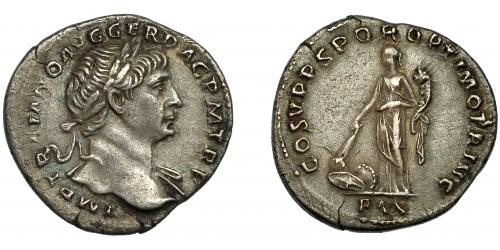 114 - TRAJANO. Denario. Roma (103-111 d.C.). R/ Pax a izq. con cornucopia y quemando pila de armas; COS V PP SPQR OPTIMO PRINC- PAX. AR 3,03 g. 19,1 mm. RIC-102. Pequeña grieta. MBC+.