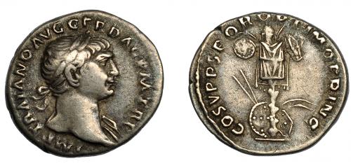 115 - TRAJANO. Denario. Roma (103-111 d.C.). R/ Trofeo; COS V P P SPQR OPTIMO PRINC. AR 3,39 g. 17 mm. RIC-147. MBC-/MBC.