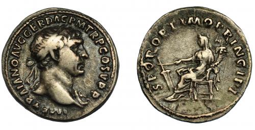 116   -  TRAJANO. Denario. Roma (103-111 d.C.). R/ Fortuna sentada a izq. con timón y cornucopia; SPQR OPTIMO PRINCIPI. AR 3,32 g. 18,6 mm. RIC-177. MBC-.