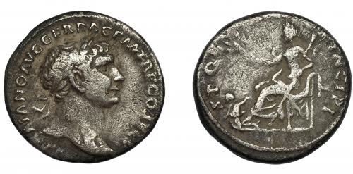 118   -  TRAJANO. Denario. Roma (103-111 d.C.). R/ Pax entronizada a izq. con cetro y rama; SPQR (OPTIMO PR)INCIPI. AR 2,94 g. 17,6 mm. RIC-187. Pequeñas marcas. BC+.