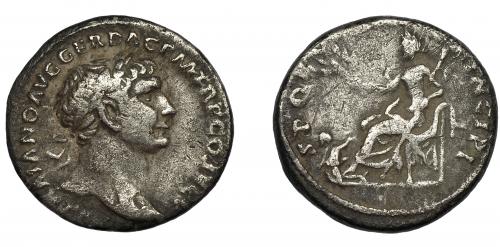 118 - TRAJANO. Denario. Roma (103-111 d.C.). R/ Pax entronizada a izq. con cetro y rama; SPQR (OPTIMO PR)INCIPI. AR 2,94 g. 17,6 mm. RIC-187. Pequeñas marcas. BC+.