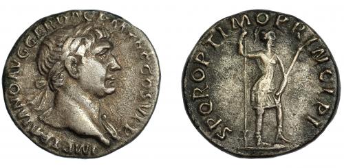 119   -  TRAJANO. Denario. Roma (104-107 d.c.). R/ Virtus a der. con lanza y parazonium; SPQR OPTIMO PRINCIPI. AR 3,10 g. 18 mm. RIC-204. MBC.