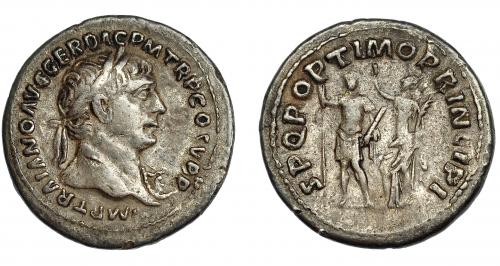 120 - TRAJANO. Denario. Roma (103-104 d.C.). A/ Busto laureado a der. con égida. R/ Trajano a izq. coronado por Victoria tras él; SPQR OPTIMO PRINCIPI. AR 3,28 g. 19 mm. RIC-212 vte. busto. Rayita en anv. MBC/MBC-.