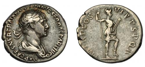 123   -  TRAJANO. Denario. Roma (114-117). R/ Virtus a der. con lanza y parazonium, ; PM TR P COS VI P P SPQR. AR 3,27 g. 19,1 mm. RIC-353. MBC/MBC-.