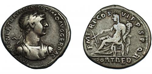 124 - TRAJANO. Denario. Roma (114-117). R/ Fortuna sentada a izq. con timón y cornucopia; PM TR P COS VI P P SPQR, exergo FORT RED. AR 2,96 g. 19 mm. RIC-NO. RSC-154c vte. Muy rara.
