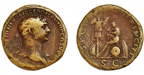 126 - TRAJANO. Sestercio. Roma (103-111 d.C.). R/ Dacia sentada a izq. sobre escudo y armas, delante trofeo; SPQR OPTIMO PRINCIPI, exergo SC. AE 25,45 g. 32 mm. RIC-564. BC/BC+.