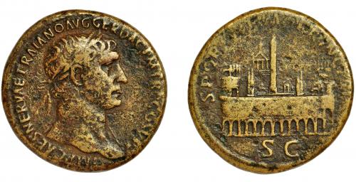 127 - TRAJANO. Sestercio. Roma (103-104). R/ Circo Máximo visto desde el foro Boario, templo del Sol, obelisco flanqueado por la estatua ecuestre de Trajano y santuario de Cibeles al fondo; SPQR OPTIMO PRINCIPI, SC. AE 25,91 g. 33 mm. RIC-571. BC+. Rara.