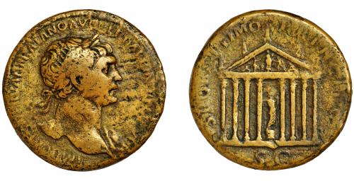 128 - TRAJANO. Sestercio. Roma (104-111 d.C.). R/ Templo octástilo de Venus, en el interior Venus de pie, Júpiter sentado en el frontón, flanqueado por cuatro figuras y 5 estatuas encima; SPQR OPTIMO PRINCIPI, exergo SC. AE 20,42 g. 32 mm. RIC-575. BC/BC+.