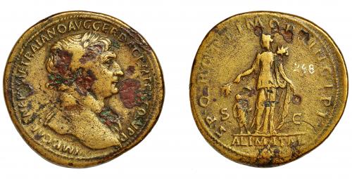 129 - TRAJANO. Sestercio. Roma (112-115 d.C.). R/ Abundantia con espiga y cornucopia; SPQR OPTIMO PRINCIPI, SC, exergo ALIM ITAL. AE 25,36 g. 34 mm. RIC-604. Erosiones. BC+.
