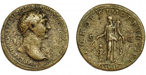 130 - TRAJANO. Dupondio. Roma (111). R/ Abundantia a izq. con espigas, cornucopia y a sus pies niño; SPQR OPTIMO PRINCIPI, exergo ALIM ITAL. AE 12,55 g. 26 mm. RIC-460. BC+/MBC-.