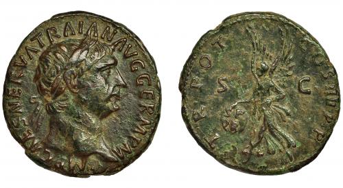133   -  TRAJANO. As. Roma (98-102 d.C.). R/ Victoria a izq. con palma y escudo con inscripción SPQR; SC. AE 9,88 g. 28 mm. RIC-434. Pátina verde con pequeñas erosiones. MBC.