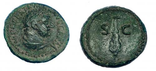 134   -  TRAJANO. Cuadrante. Roma (98-117 d.C.). A/ Busto de Hércules con leonté a der. R/ Maza, S-C. AE 2,32 g. 15 mm. RIC-699. Pátina verde. MBC-. Escasa.