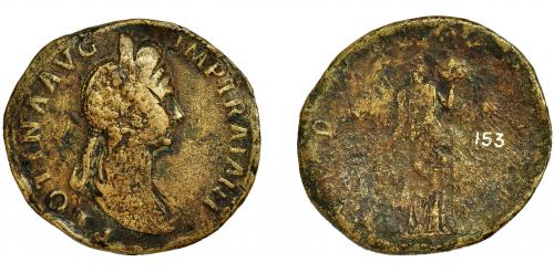 135 - PLOTINA. Sestercio. Roma (112-117 d.C.). R/ Fides a der. con espigas y cesta de frutas; FIDES AVGVST, SC. AE 20,99 g. 35 mm. RIC-740. Rayitas en anv. BC/MC. Muy rara.
