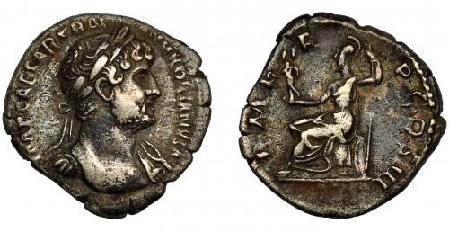 137 - ADRIANO. Denario. Roma (119-125). R/ Roma sentada a izq. con Victoria y lanza; PM TR P COS III. AR 3,17 g. 19 mm. RIC-78. MBC-.