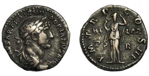 138 - ADRIANO. Denario. Roma (120-121). R/ Hilaritas velada; PM TR P COS, HILAR / P R. AR 3,39 g. 17,6 mm. RIC-126. MBC.