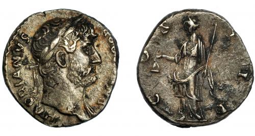 139 - ADRIANO. Denario. Roma (124-128). R/ Libertas a izq. con pileus y cetro; COS III. AR 3,07 g. 17 mm. RIC-175. Pequeñas marcas. MBC+.